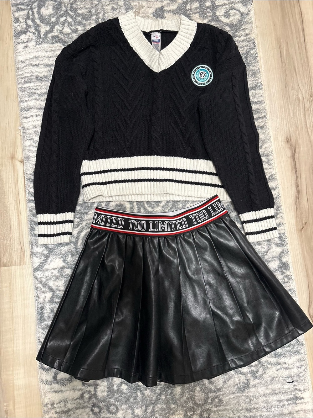Limited Too Black and White Knit Sweater with Black Faux Leather Skirt Set